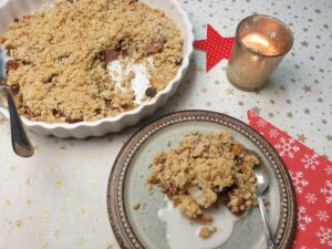 Stoffperencrumble met noten en chocola