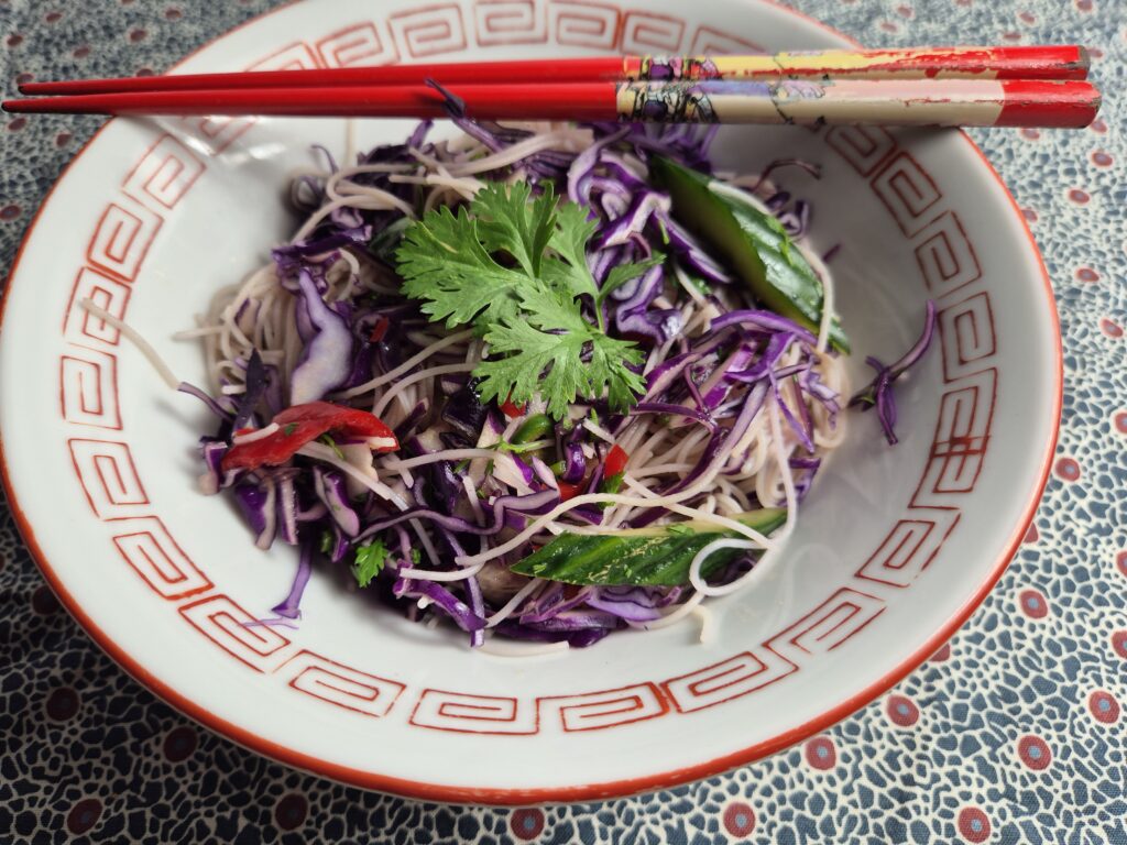 salade met noodles en rode kool