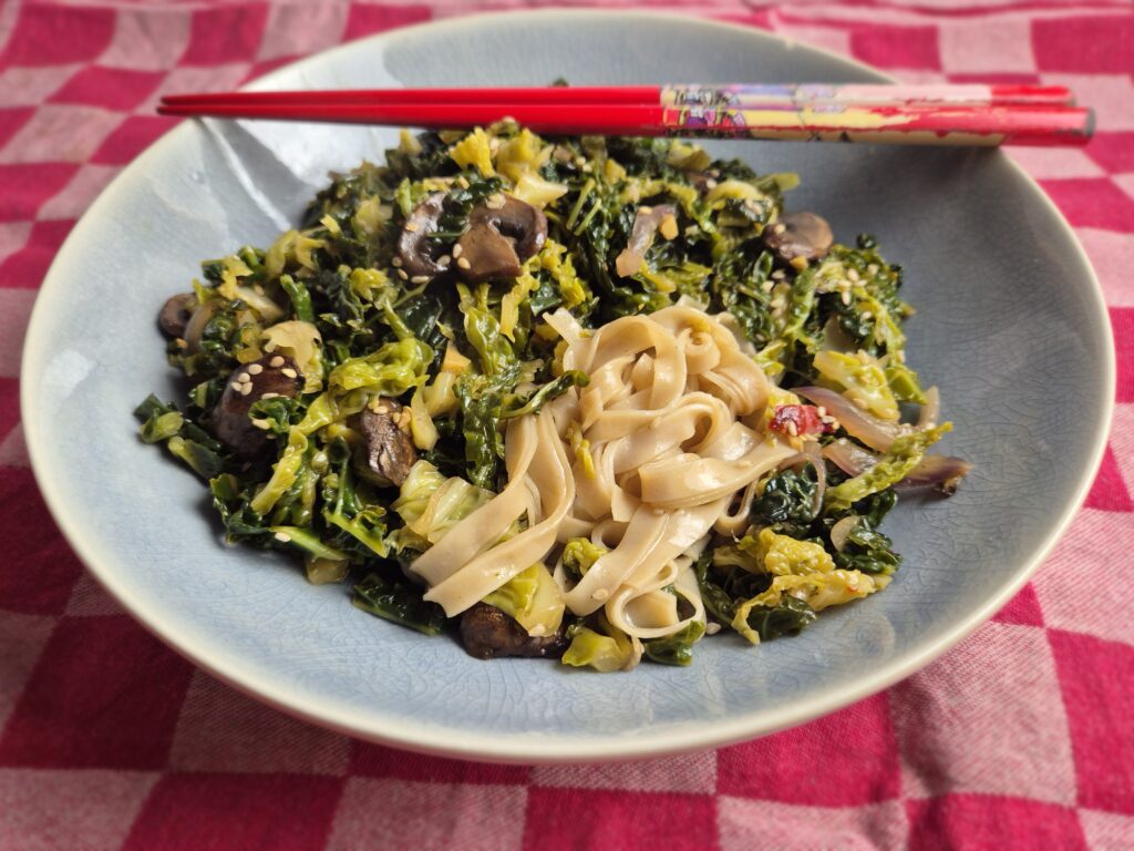 savooie kool met champignons en noodles