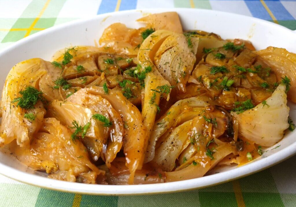 gekonfijte venkel met groene venkelsnippertjes