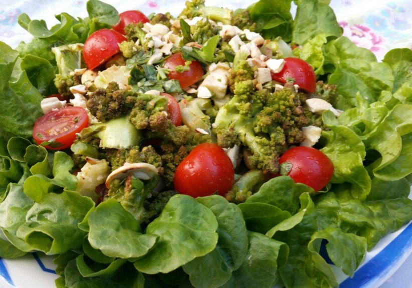 Romanesco salade met tomaat en mozzarella en cashewnoten