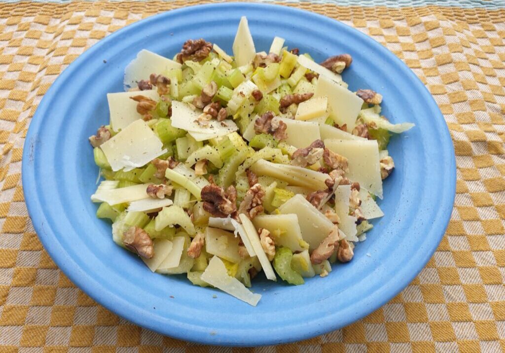salade van bleekselderij met kaas, rozijnen en walnoten
