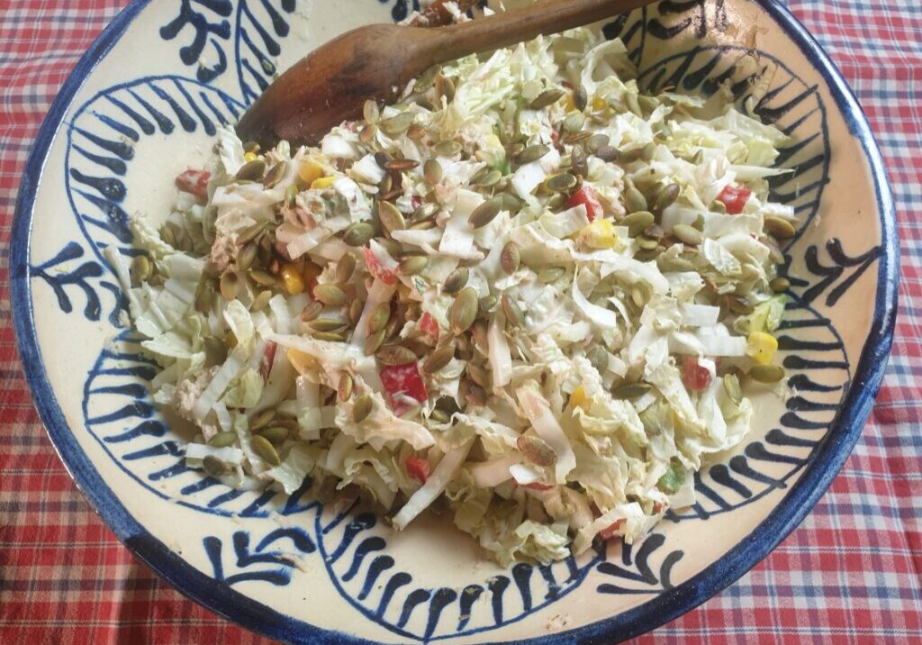 Salade van Chinese kool met paprika, avocado en pompoenpitten
