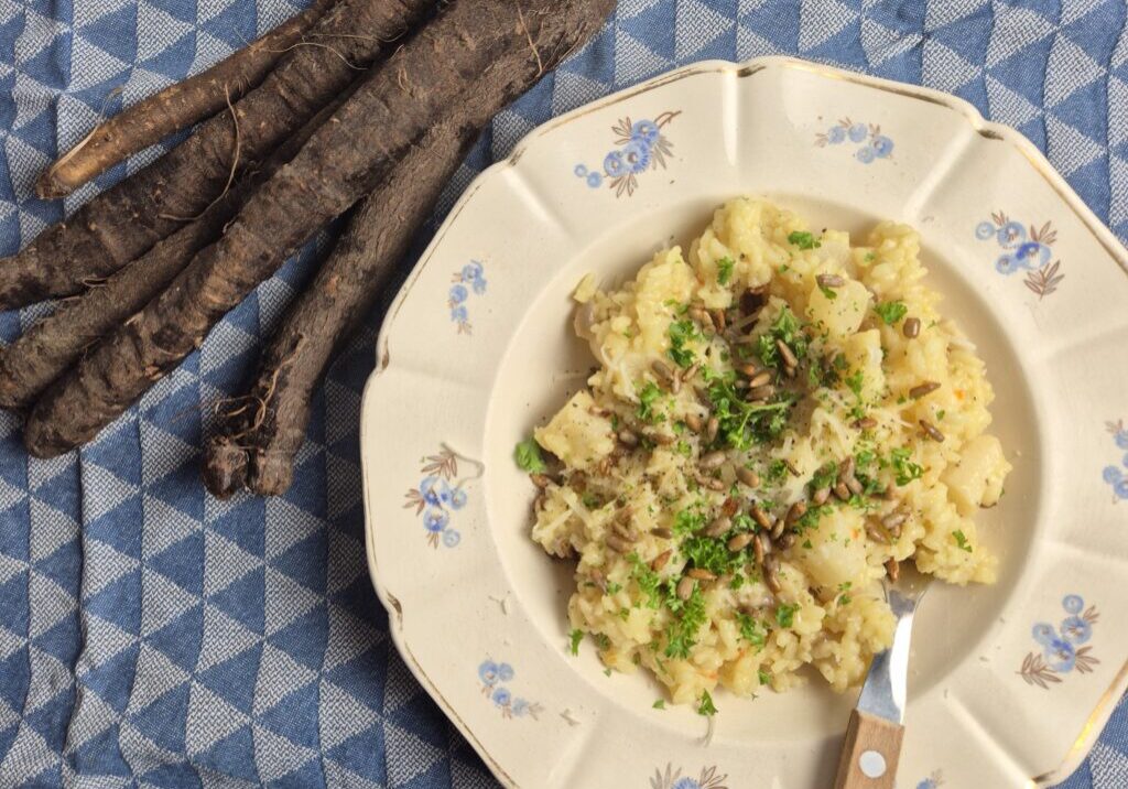 risotto met schorseneren en geroosterde zonnebloempitjes