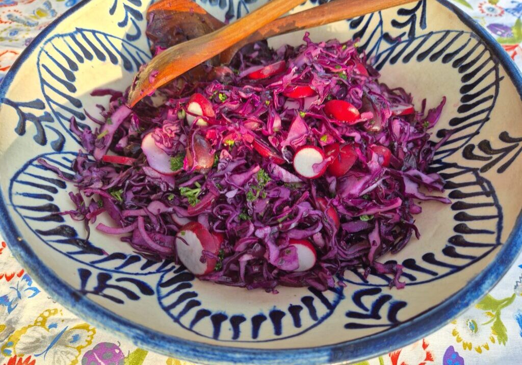 salade van rode kool, radijs en kalamata olijven