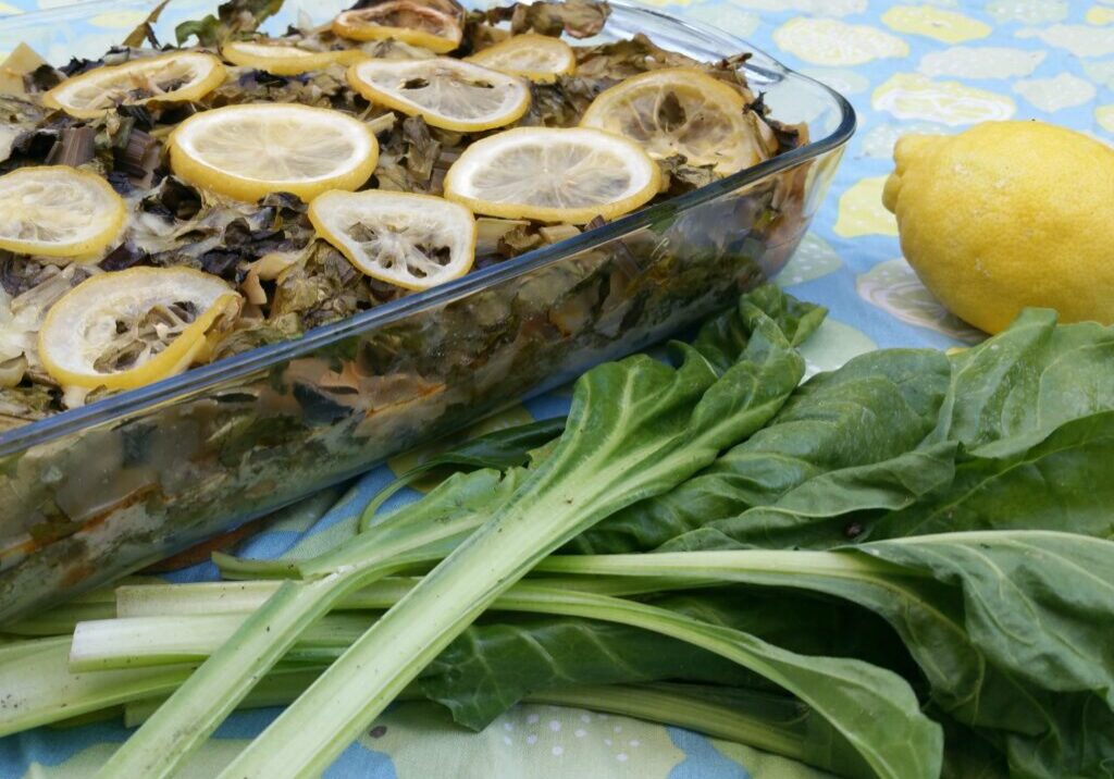 snijbietlasagne met citroenschijfjes er boven op