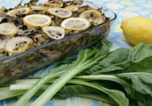 snijbietlasagne met citroenschijfjes er boven op