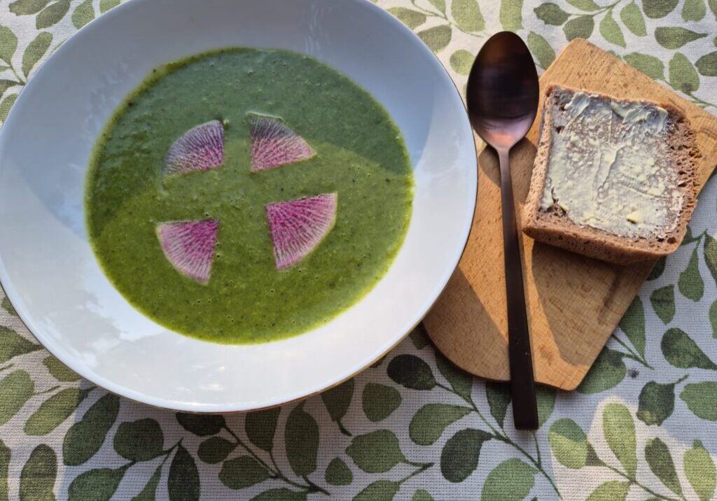 sope van radijsblad, gegarneerd met plakjes chinese radijs. mooi groen met roze 
