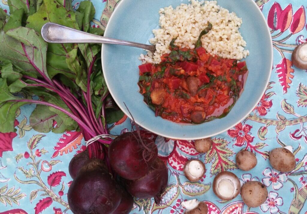 curry van bosbiet, linzen en champignons met rijst geserveerd
