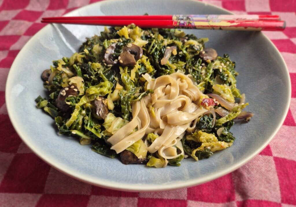 savooie kool met champignons en noodles