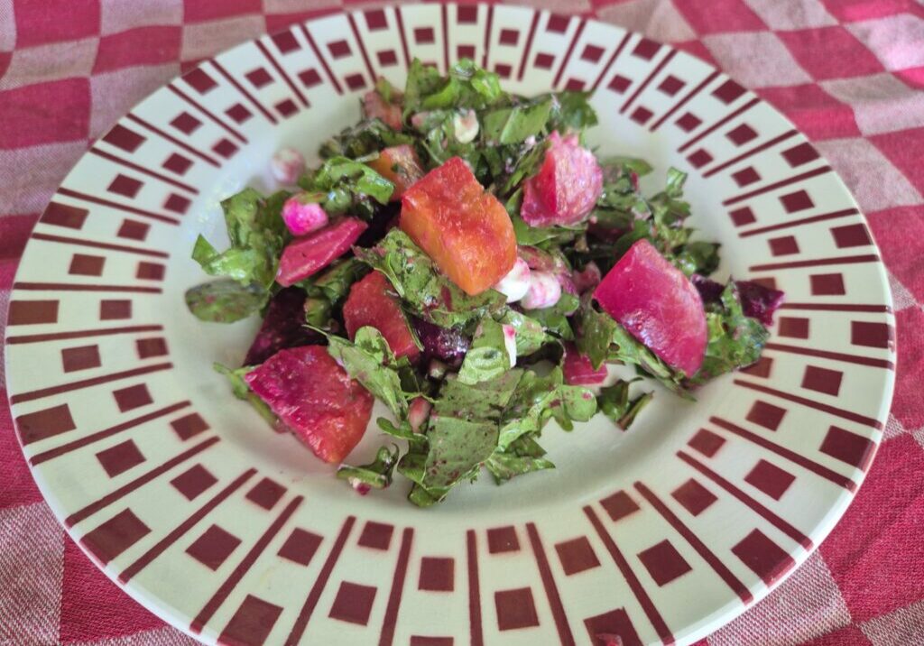 salade met gekleurde bietjes, rucola en geitenkaas