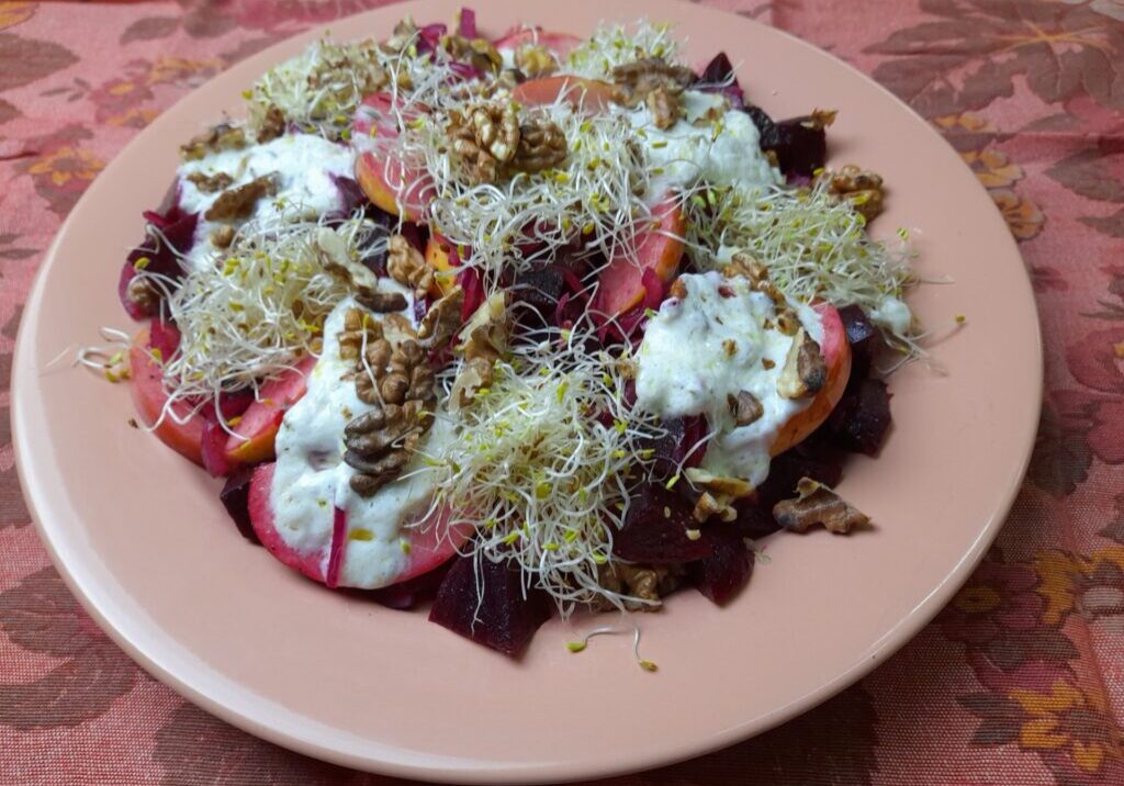 bietensalade met appel, alfalfa en kwarksaus
