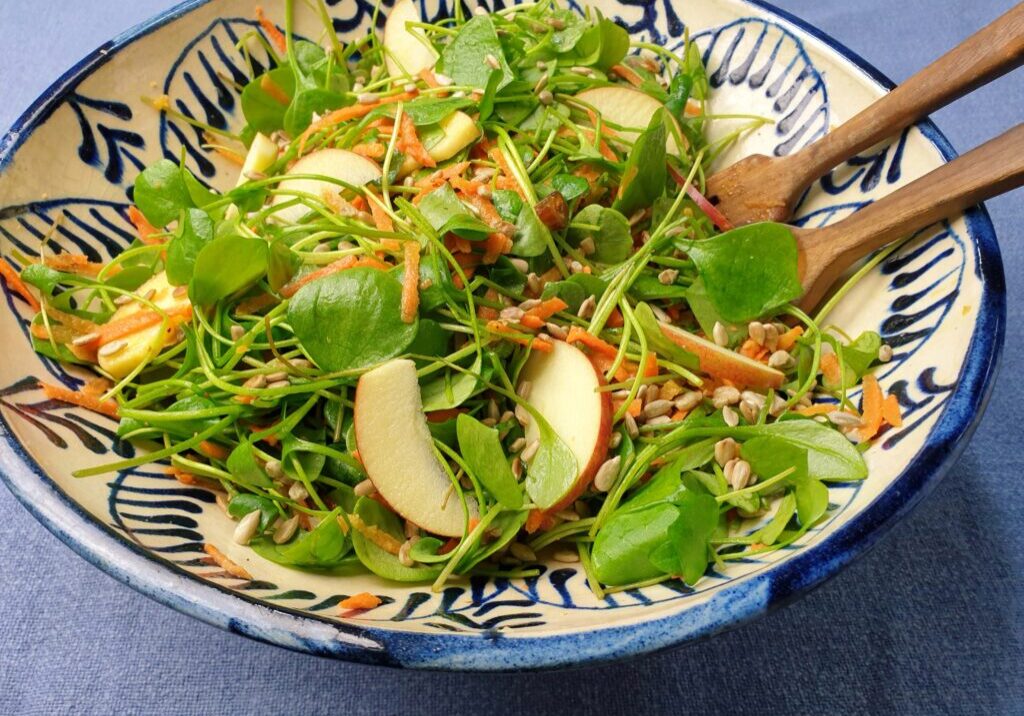 winterposteleinsalade met dadel, appel en pitjes